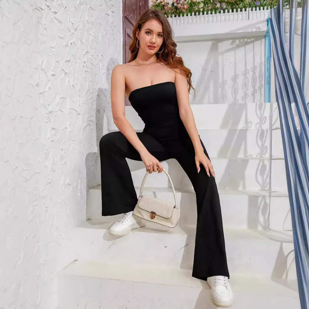 Solid Color Strapless Tube Top Flared Fit One-piece Trousers - Black