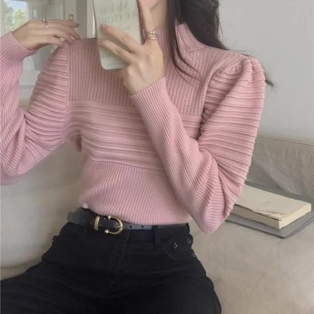 Women's Half Turtleneck Puff Sleeve Knitted Bottoming Shirt Pink - Shop at LoveMi