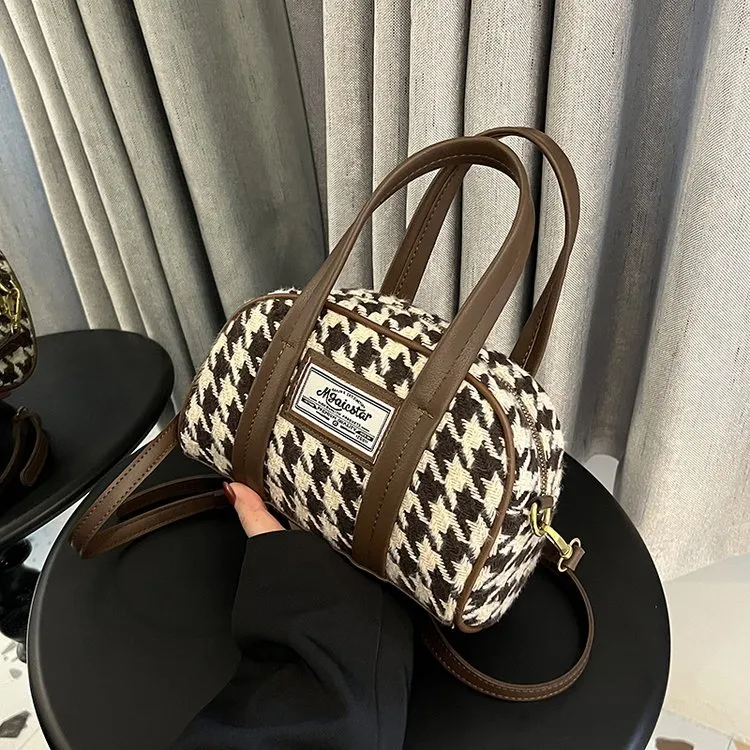 Women's Fashion Casual Houndstooth Shoulder Messenger Bag - Brown