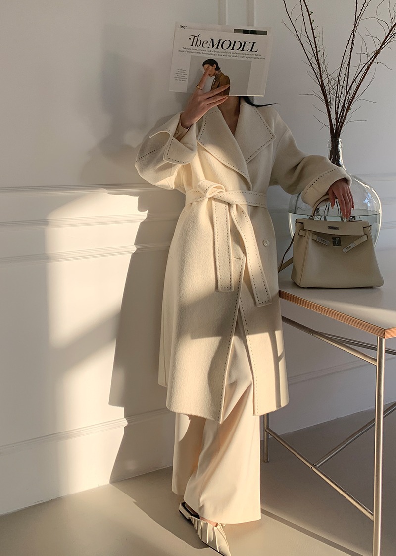 Long Fur Lapel Extended Lace-up Double-faced Woolen Goods Wool Overcoat Coat