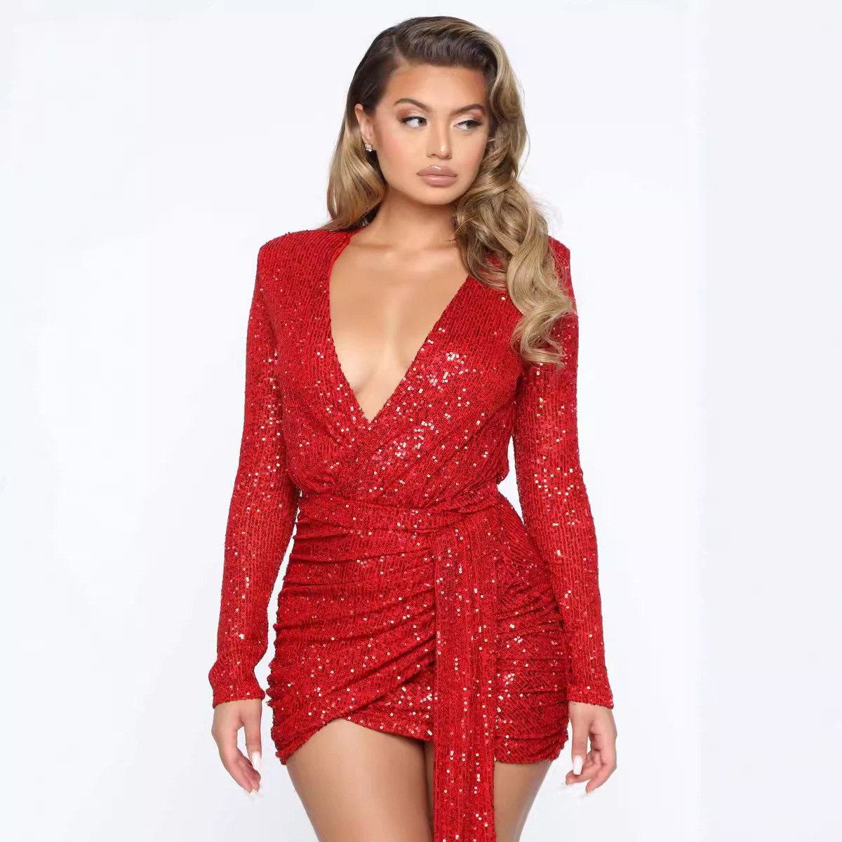 Womens Fashion Long-sleeve Lace-up Backless Dress