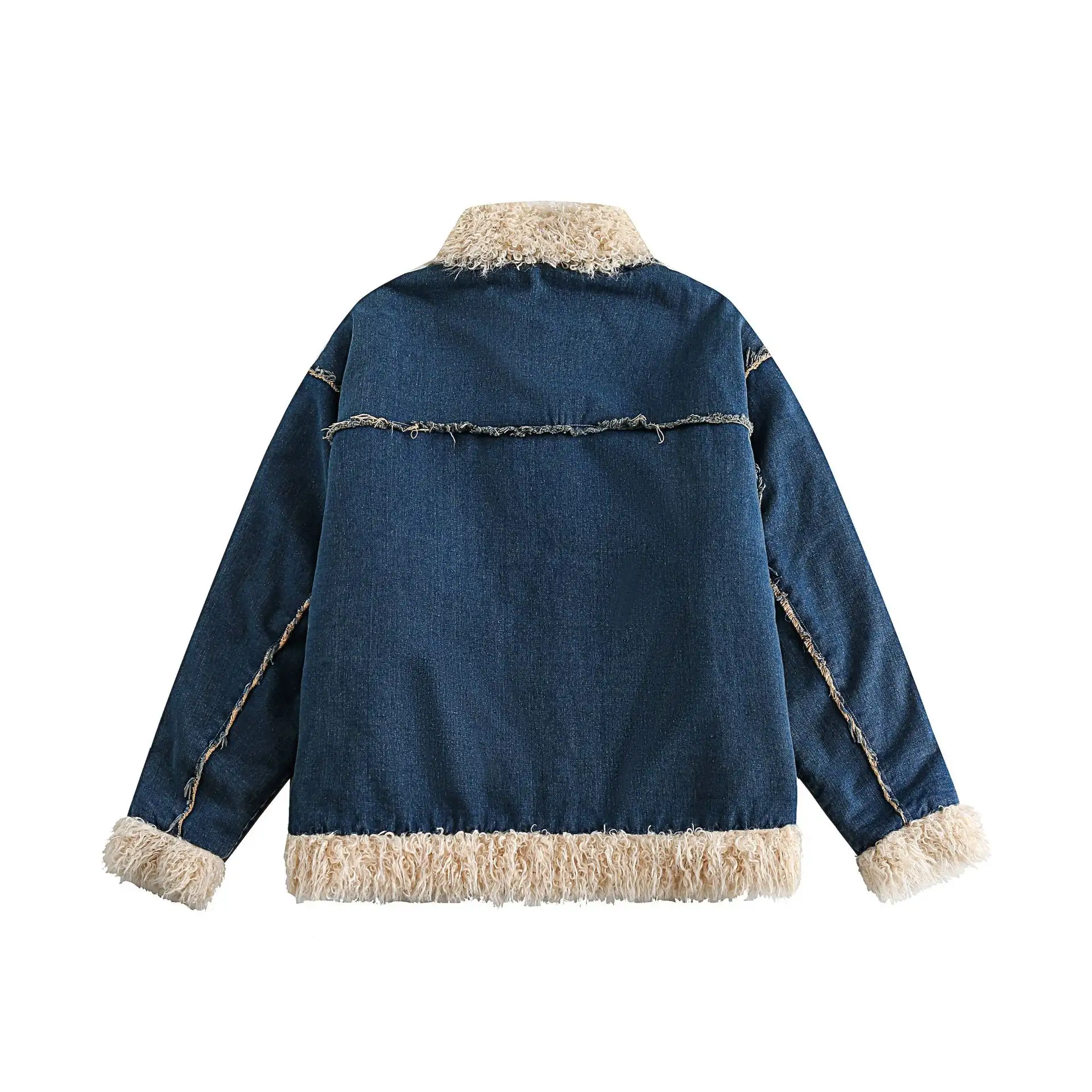 Blue Denim Fur Collar Coat Women's Retro Cotton