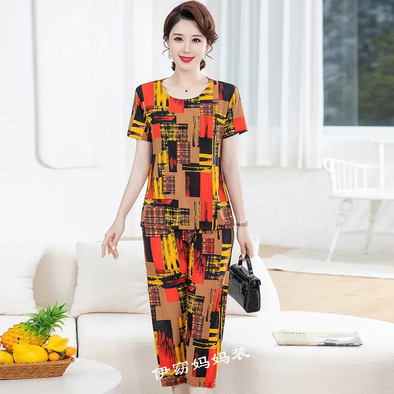 New Plus Size Loose Elastic Short Sleeve Two-piece Suit Middle-aged And Elderly Casual Homewear - Red