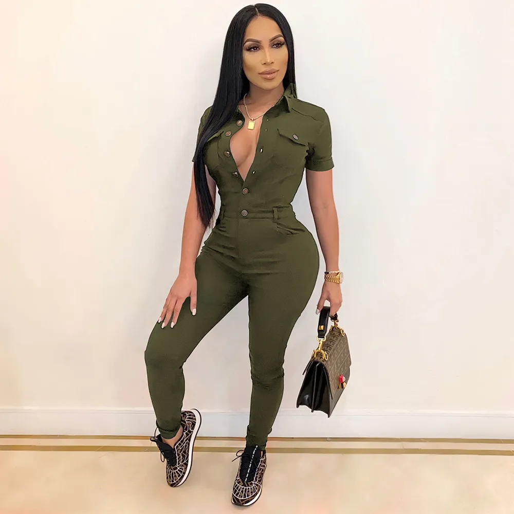 Women's Fashion Casual Solid Color Polo Collar Short-sleeved Single-breasted Jumpsuit - Army Green