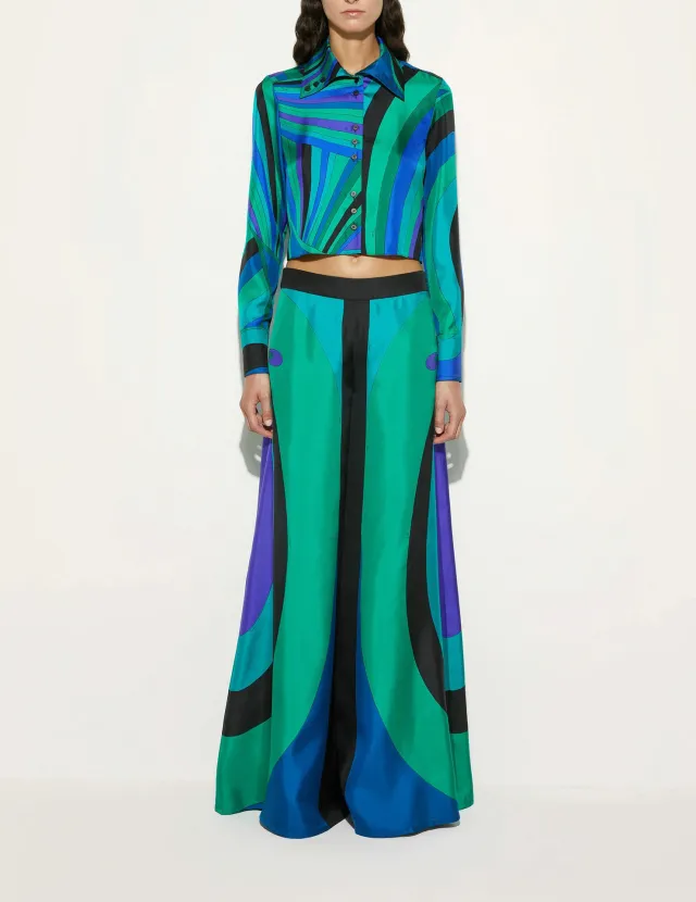 Printed Satin Long Sleeve Shirt And Wide leg Pants Two piece Set - Shop at LoveMi