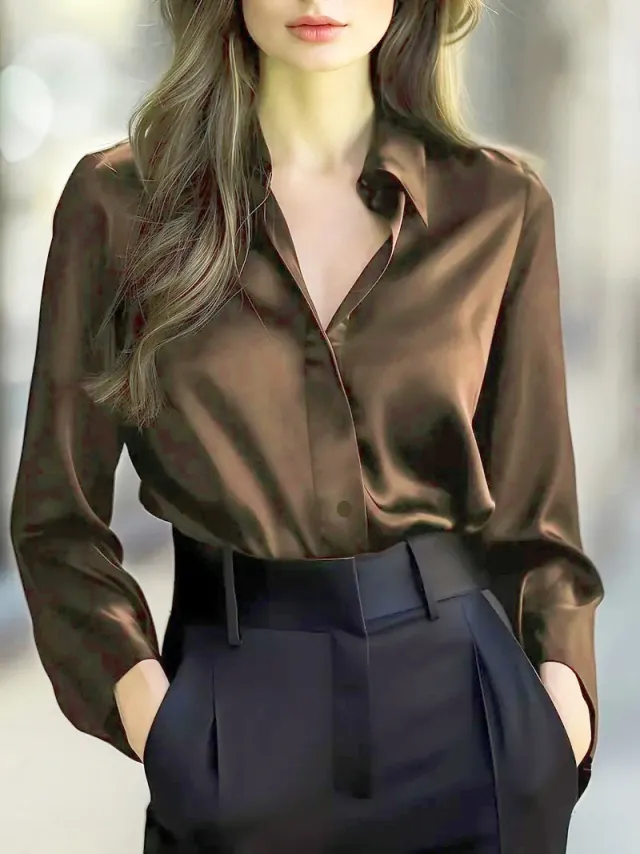 Solid Color Fashion Elegant Long Sleeve Button Shirt Women's Clothing Brown - Shop at LoveMi