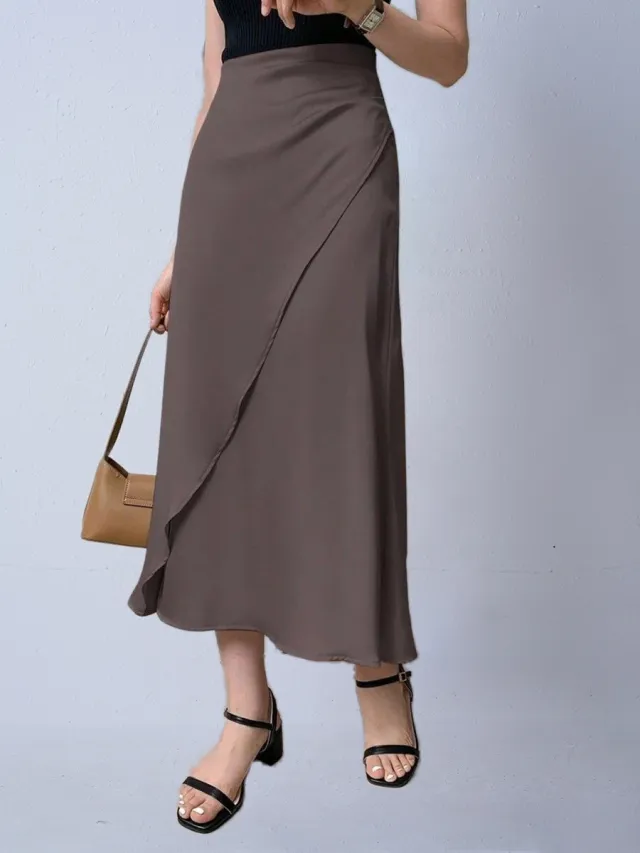 Autumn New Faux Silk Midi Skirt Satin Brown - Shop at LoveMi