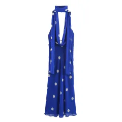 Fashionable Temperament Polka Dot Printing Midi Skirt Dress Women - Blue - View 1