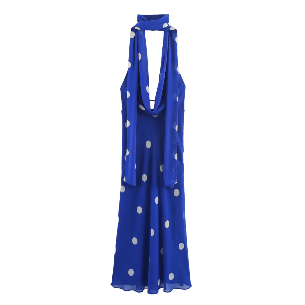 Fashionable Temperament Polka Dot Printing Midi Skirt Dress Women - Blue