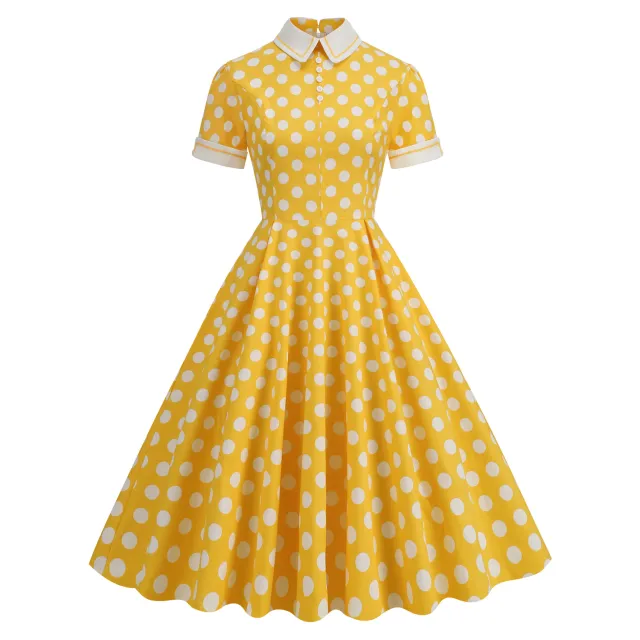 Elegant Polka Dot Photo Maxi Skirt Retro Dress Yellow - Shop at LoveMi