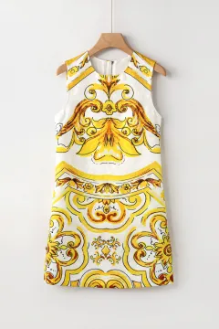 Lady's Casual Print Beaded A-line Elegant Dress - Yellow - View 1
