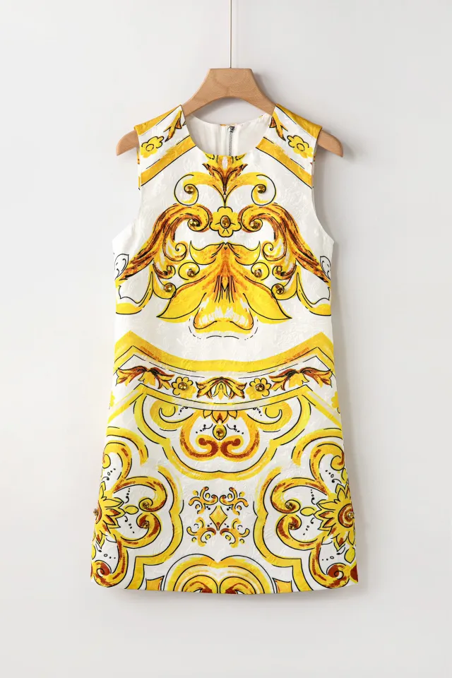 Lady's Casual Print Beaded A line Elegant Dress Yellow - Shop at LoveMi