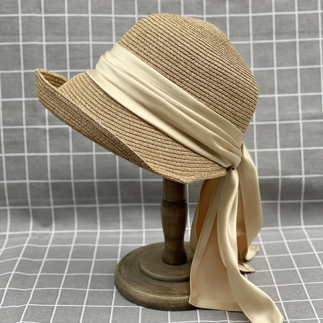 Japanese Style Curling Front Big Back Small Satin Ribbon Bucket Hat Summer Straw Hat Female Bucket Hat Sun proof Beach Hat Tide Mixed Khaki - Shop at LoveMi