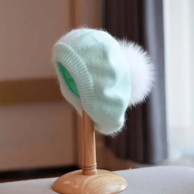Women's Thin Autumn And Winter Knitting Warm Fur Ball Hat Light Green - Shop at LoveMi