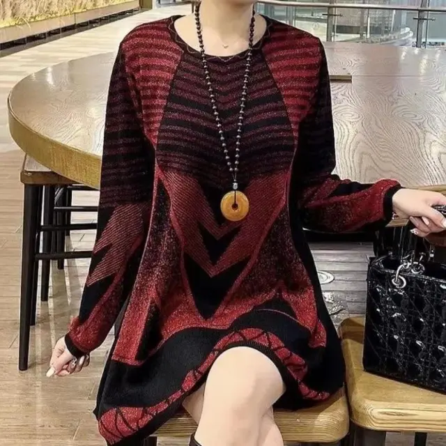 New Mid length Round Neck Autumn And Winter Geometric Sweater Red - Shop at LoveMi