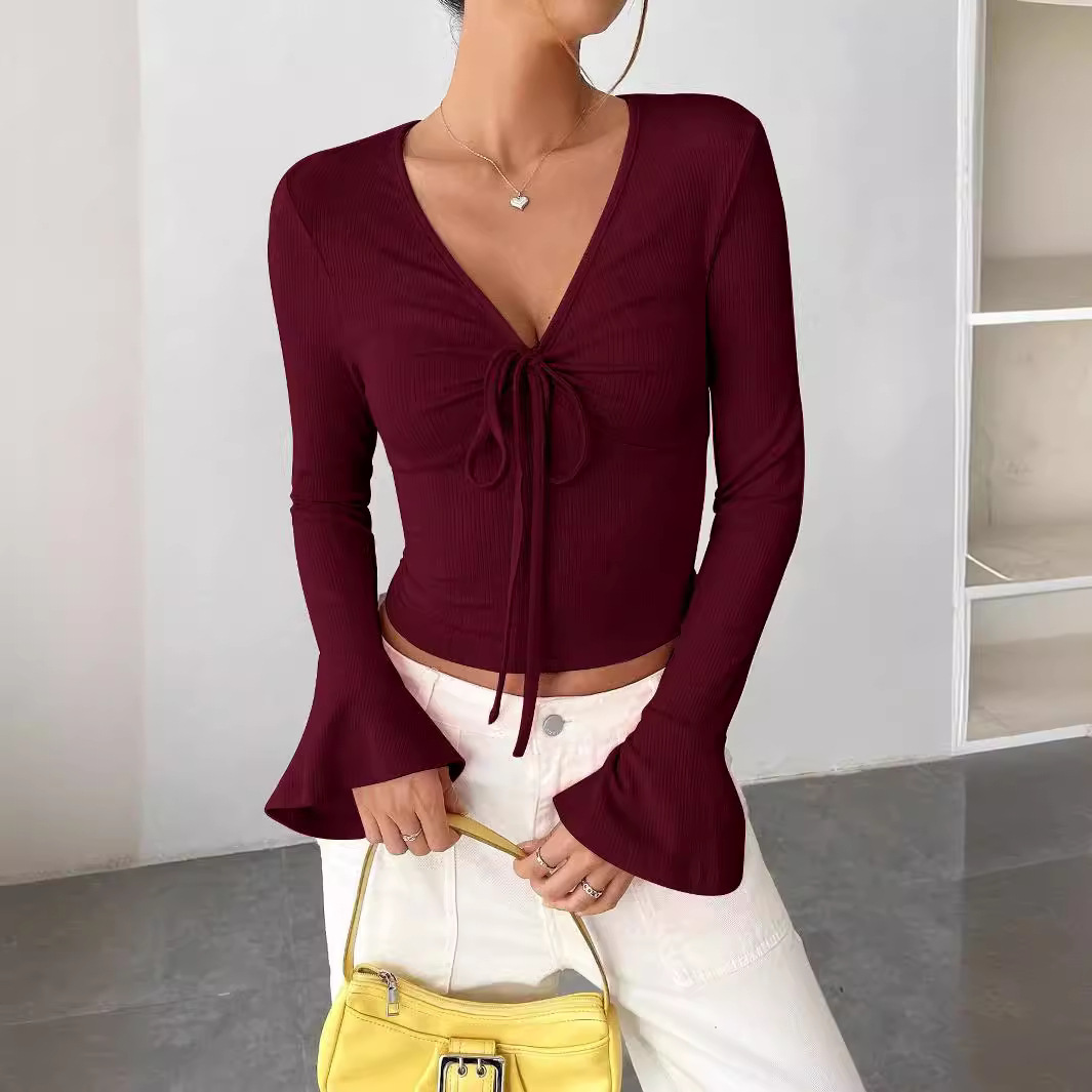Fashion Women's Bell Sleeve V-neck Self-button Top