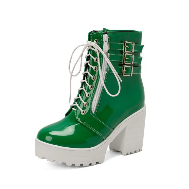 Women's Autumn And Winter Thick Heeled Short Boots Green - Shop at LoveMi