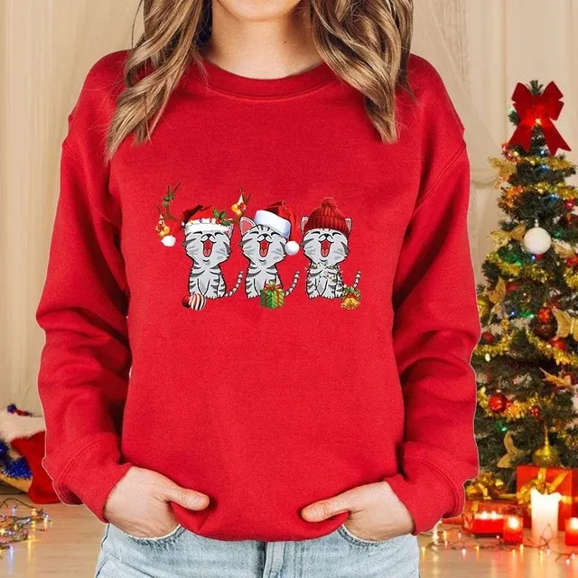 Lady Christmas Cat Round Neck Sweater Long Sleeve - 5Style