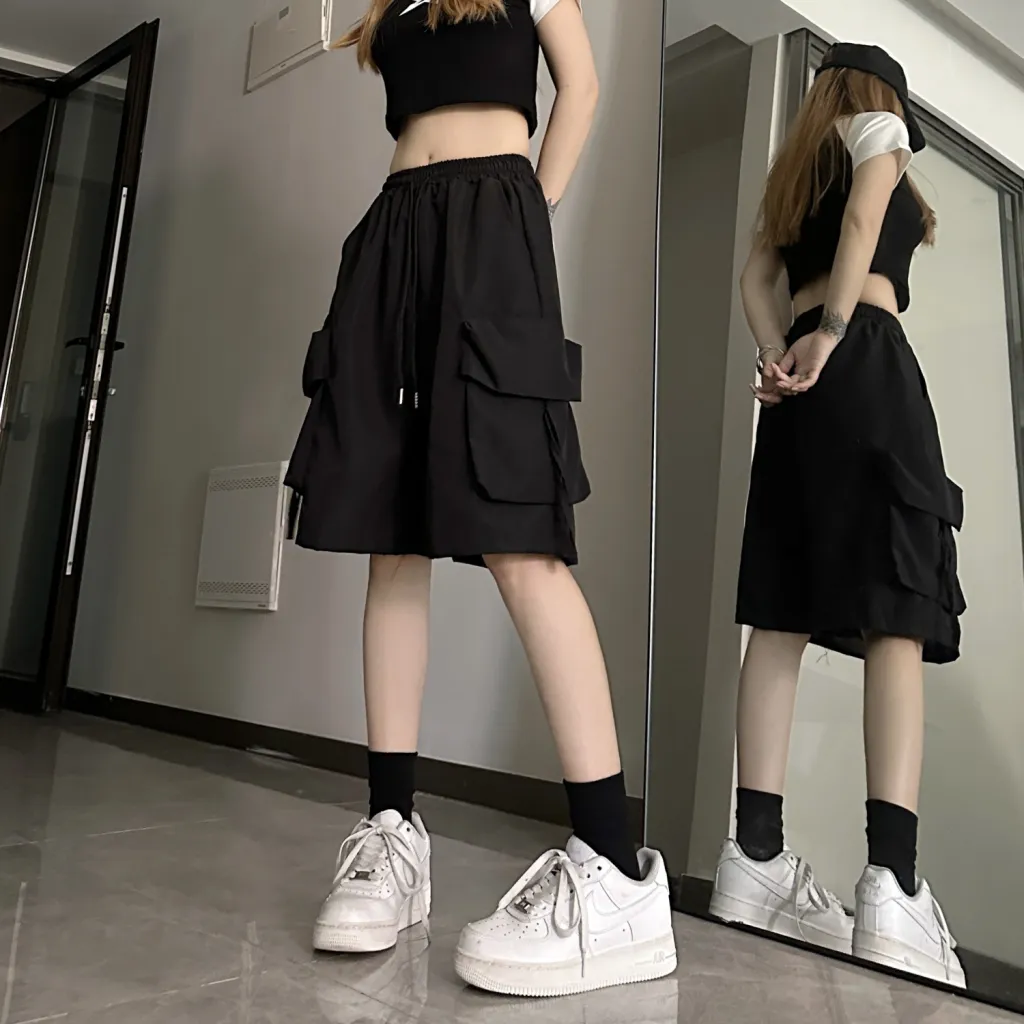 Women's American Summer Thin Wide Leg Casual Shorts - Black