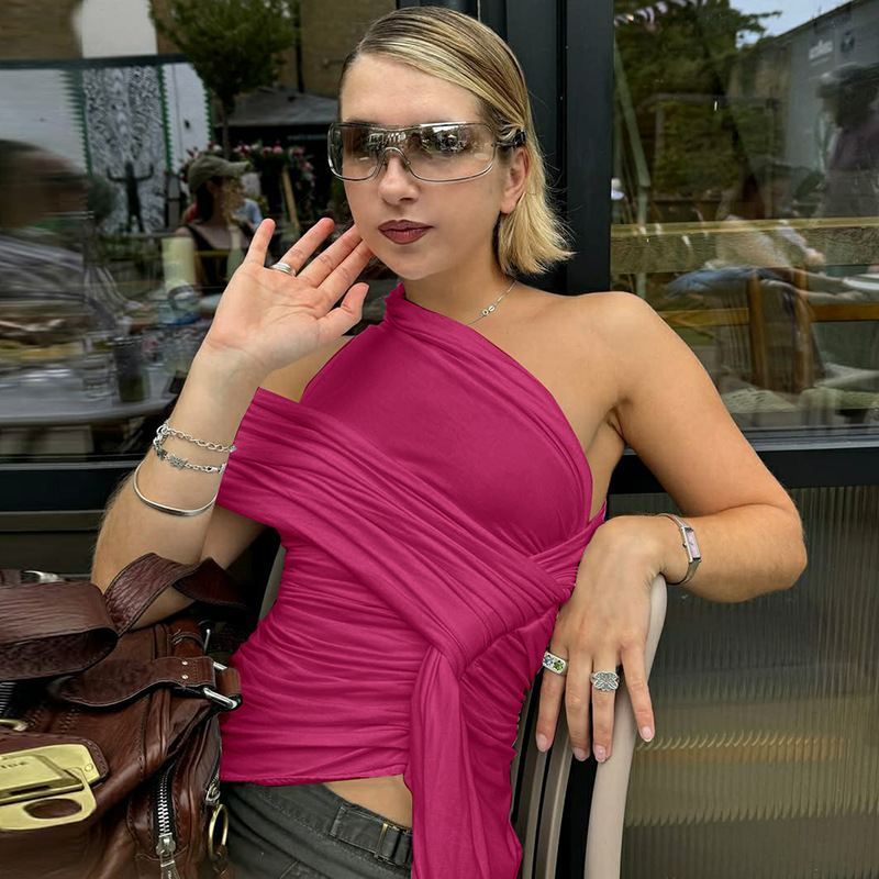 European And American Fashion Hot Girl Irregular Solid Color Ribbon Vest Rose - Shop at LoveMi