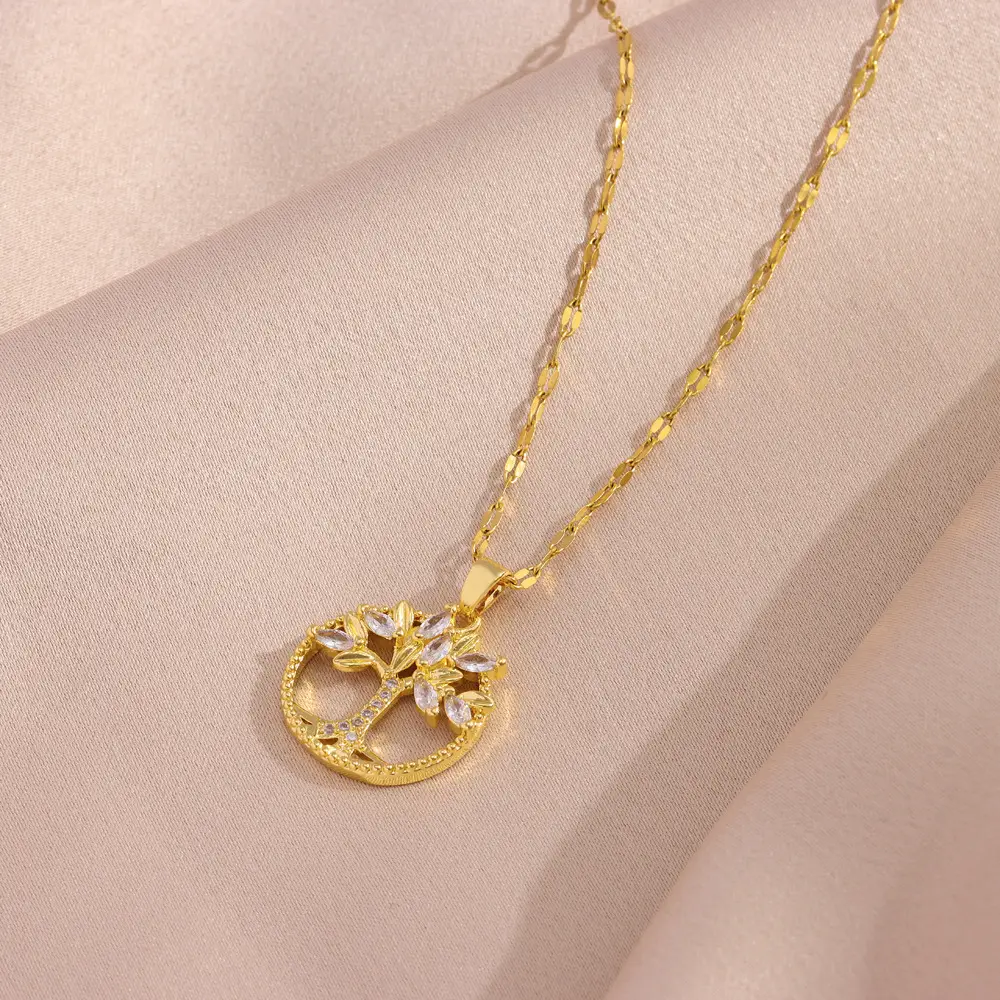 Retro Casual Copper Inlaid Zircon Gold Plated Tree Of Life Pendant
