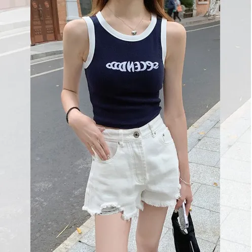 Women's Summer Thin Short sleeved Navel Sleeveless Top Navy Blue - Shop at LoveMi
