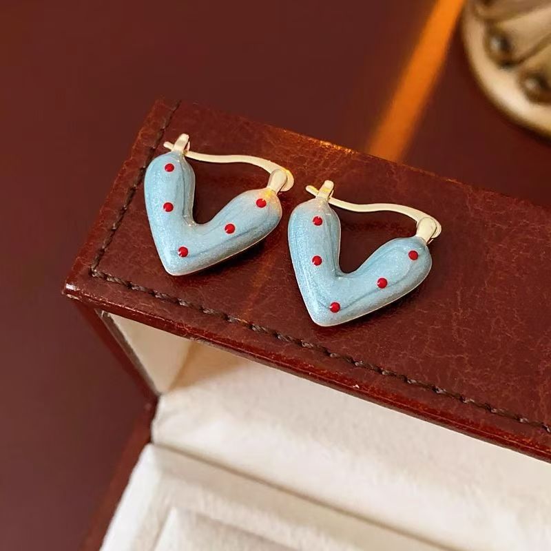 Red Polka Dot Blue Loving Heart Ear Clip Sweet Drip Glazed