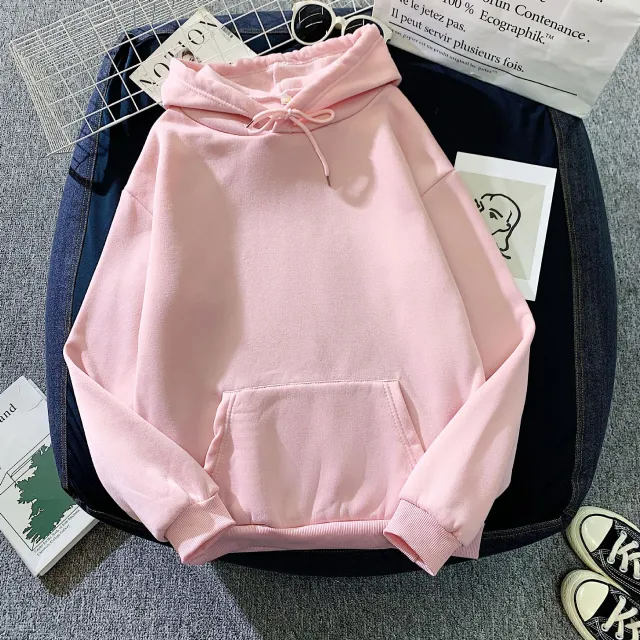 Women's Fall Winter Hooded Loose Solid Color Hoodie Pink - Shop at LoveMi