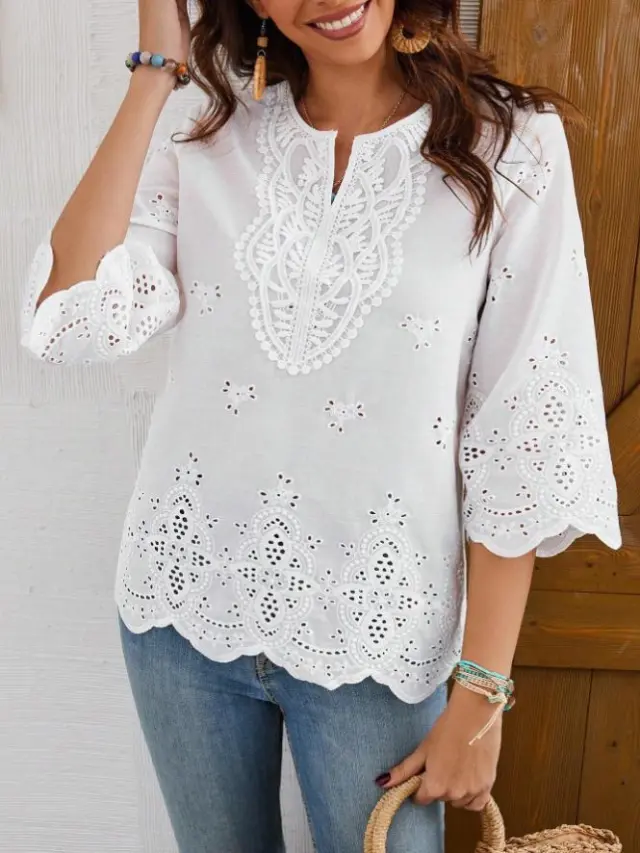 Lace trimmed V neck Springsummer Three quarter sleeve Blouse White - Shop at LoveMi
