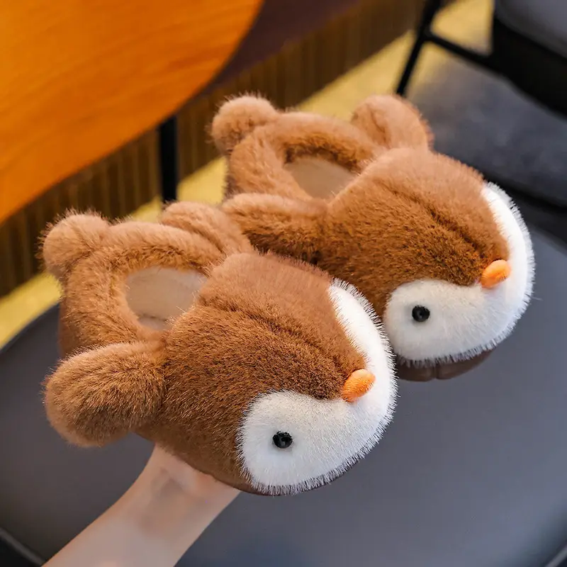 Warm Fleece-lined Fluffy Penguin Cotton Slippers For Boys And Girls