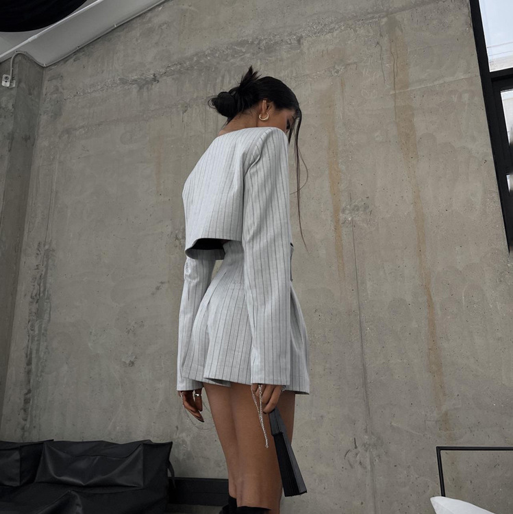Niche Design Long Sleeve Jacket High Waist Shorts Striped Suit
