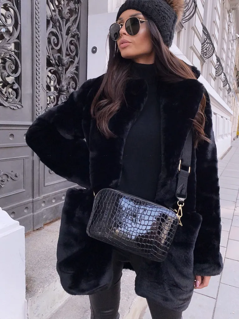 Temperament Long Sleeve Lapel Faux Fur Coat Solid Color Coat Women Fur Fur Women's Clothing - Black