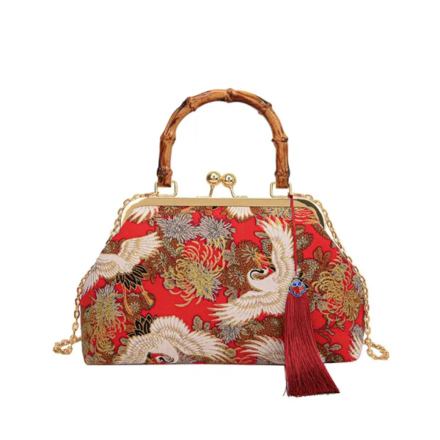 New Retro National Style Embroidered Clutch Bag Red crowned Crane Handbag Red - Shop at LoveMi