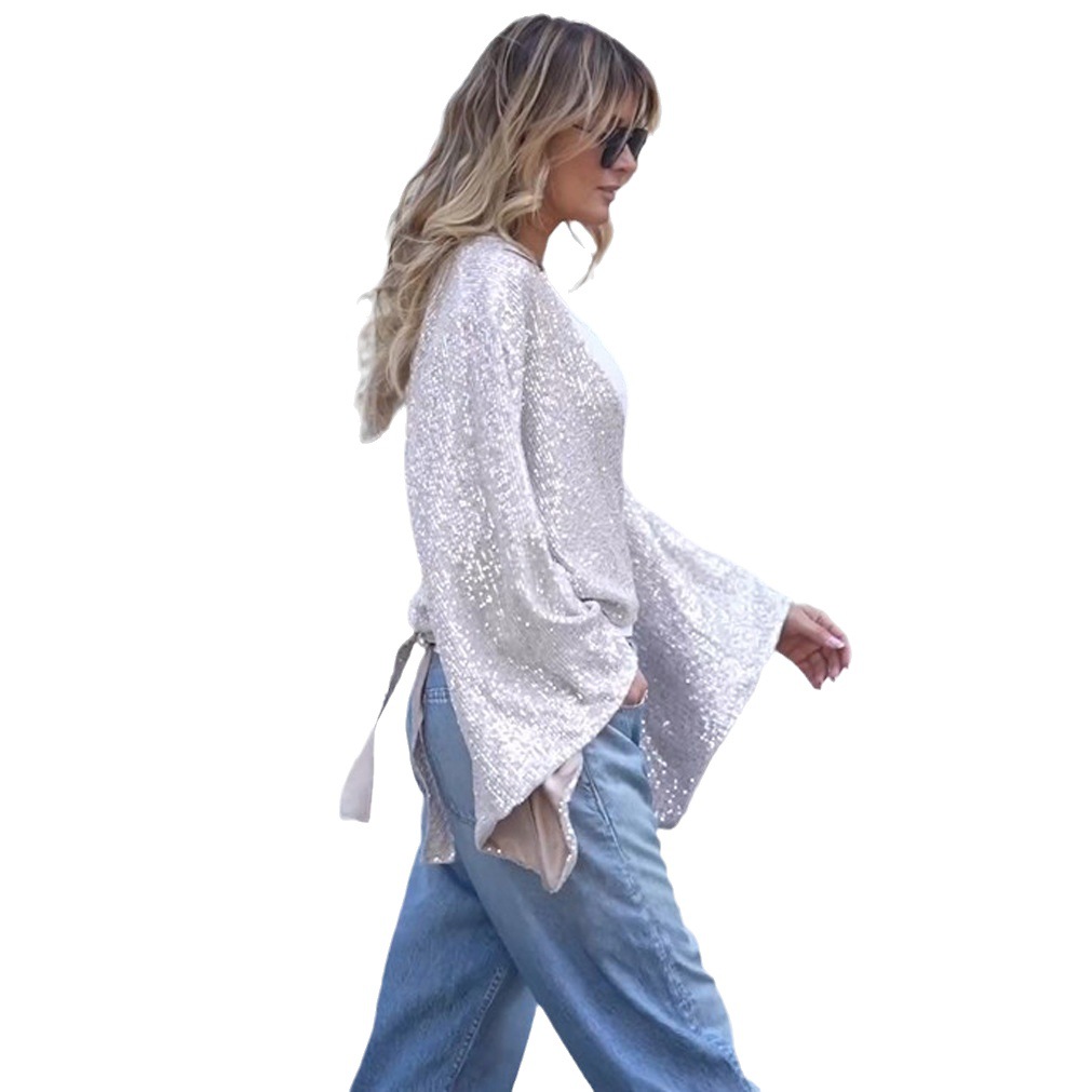 Sequined Lace-up Fashion Casual Shirt Loose Party Bell Sleeve Top For Women