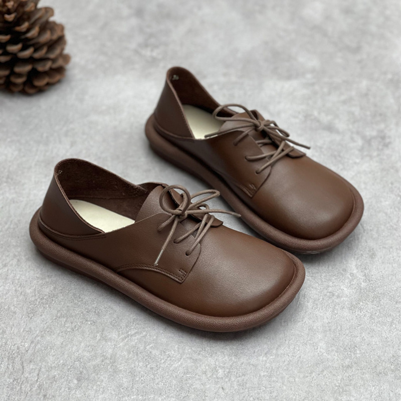 Authentic Leather British Style Retro Handmade Round Toe Lace-up Flat Shoes Shallow Mouth