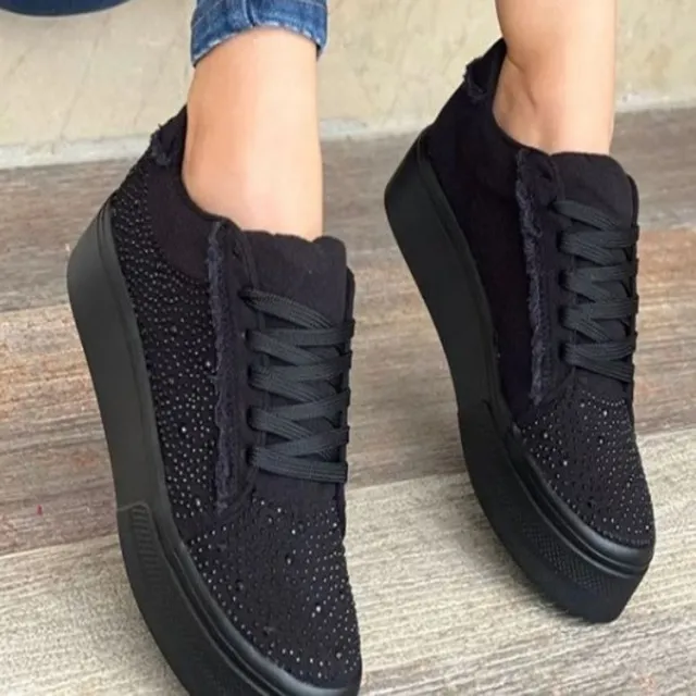 Plus Size Women's Shoes Thick Bottom Lace up Rhinestone Casual Sports Single layer Shoes Black - Shop at LoveMi
