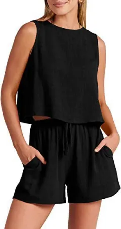Women's Fashion Casual Sleeveless Solid Colour Loose Outfit - Black - View 1