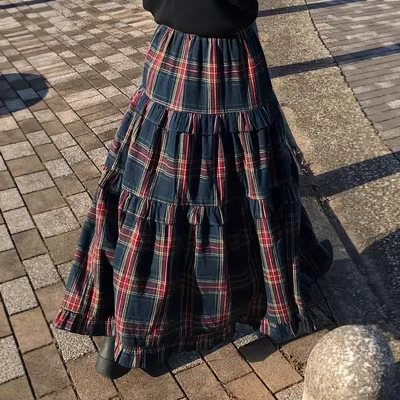 Omens Plaid Pleated Flounce-waist Elastic-waist Casual Elegant Maxi Skirt