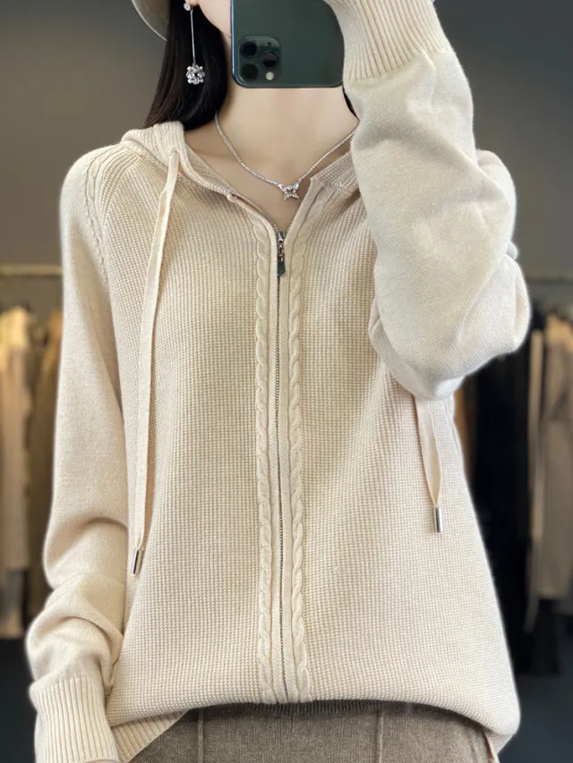 Double Zipper Cardigan Sweater Hoodie Loose fitting Hoodie Long Sleeve Beige - Shop at LoveMi