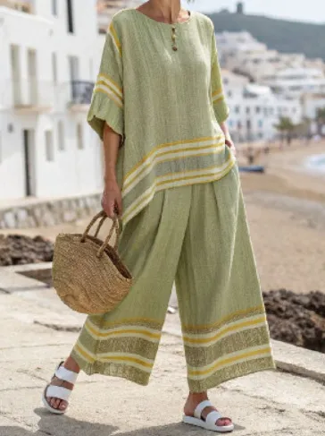 Summer Striped Suits Loose Batwing Sleeve T shirt And Solid Straight leg Pants 515F48A6Green - Shop at LoveMi