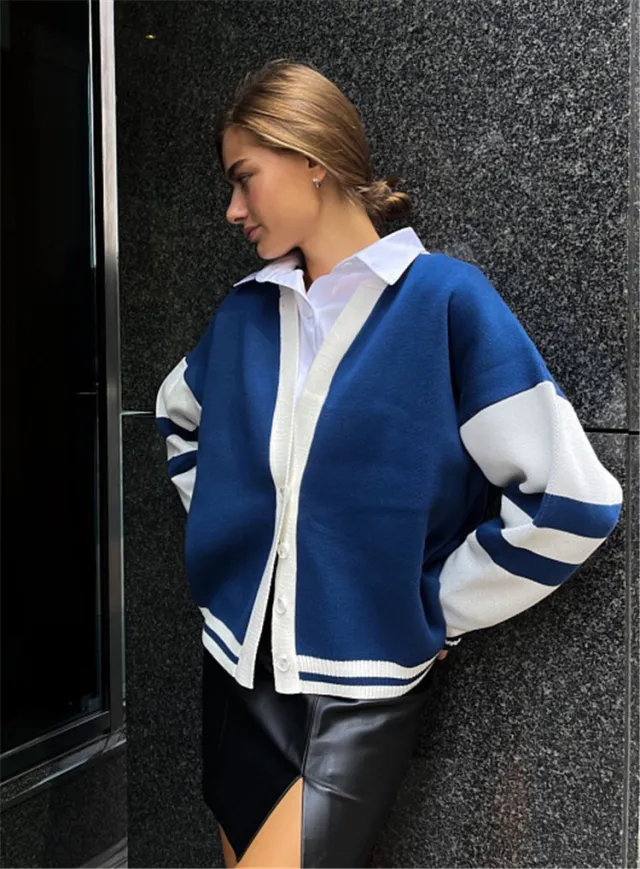Fashion Color Contrast Striped Minimalist Knitted Loose Sweater Dark Blue - Shop at LoveMi