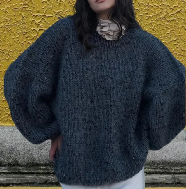 European And American Loose Round Neck Fashion Sequined Mohair Sweater Lantern Sleeve Blue - Shop at LoveMi