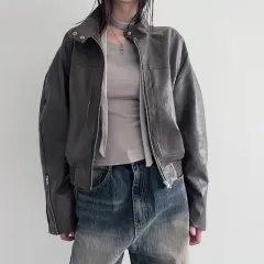 Loose Jacket Coat Women's Outer Leather Coat - Dark Brown - View 1