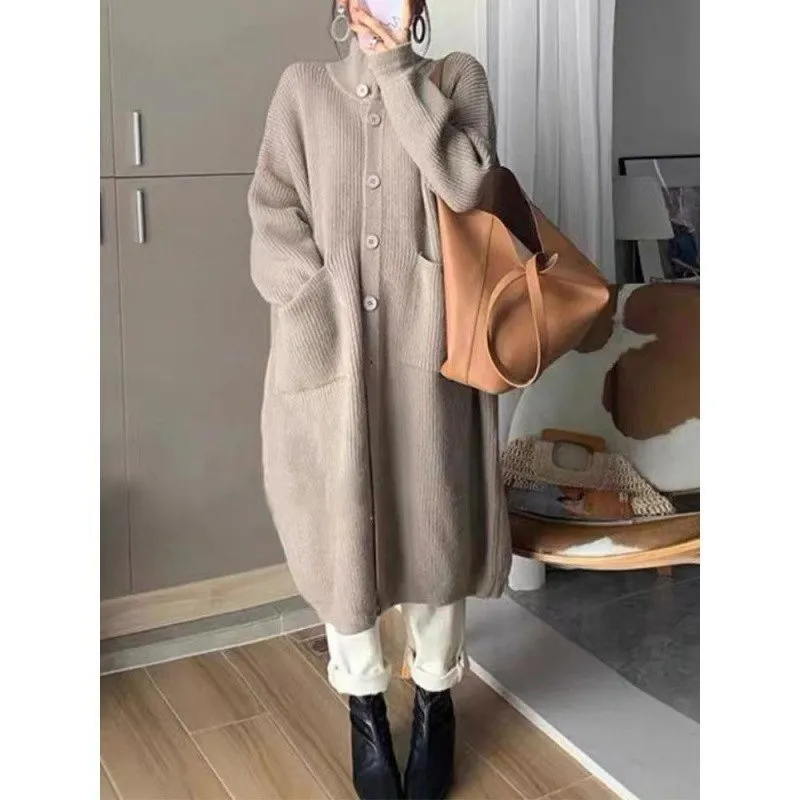 Turtleneck Sweater Women's Single-breasted Solid Color Long Sleeve Coat - Apricot