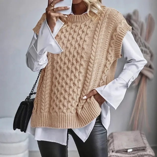 Womens Knitted Vest With Twist And Cable Details Khaki - Shop at LoveMi