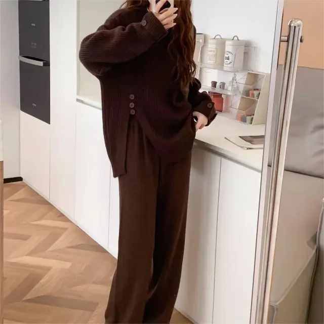 Casual Sports Style Suit Design Sense Slit Knitted Sweater Wide Leg Pants Two piece Set Brown - Shop at LoveMi