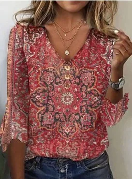 Women's Fall V neck Bell Sleeve Printed T shirt Top Red - Shop at LoveMi