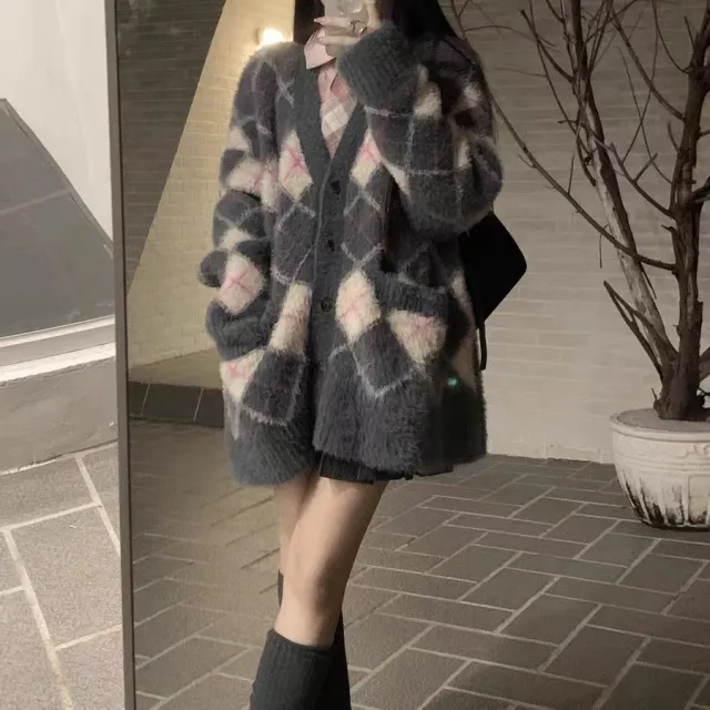 Preppy Style Sweater Coat For Women Autumn And Winter Loose Knitted Cardigan Padded Top Gray Pink - Shop at LoveMi