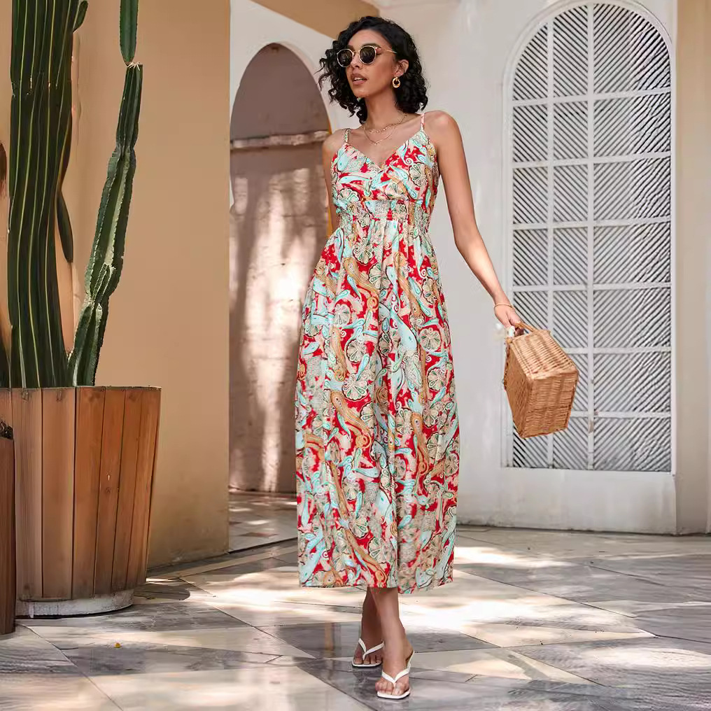 Women's Printed Waist-controlled Mid-length Sling Dress