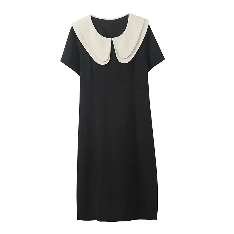 Yinuo Plus Size Women's Clothing Double Doll Collar Dress Waist Slimming Short Skirt - Long Black 179